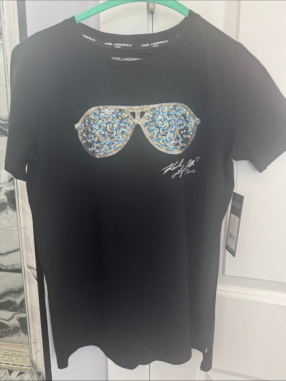 Karl Lagerfeld Black Tee with Blue and Silver Sequin Sunglasses Motif